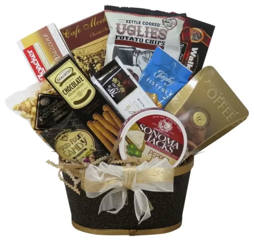 Un panier cadeau gourmand populaire avec des produits gastronomiques et sucré de Montpetit Creations. Livraison gratuite a Montreal, Laval, et Longueuil | Find popular gourmet gift baskets like these at Montpetit Creations. Makes a great birthday gift. Free metro area Montreal delivery.